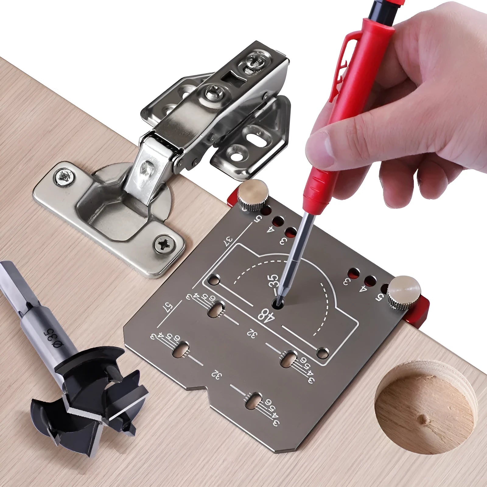 Red aluminium hinge locating rule with adjustable margin settings for 35mm cabinet hinges