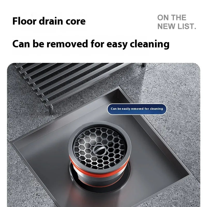 Gun grey 304 stainless steel courtyard floor drain with square grate, 15cm by 15cm.