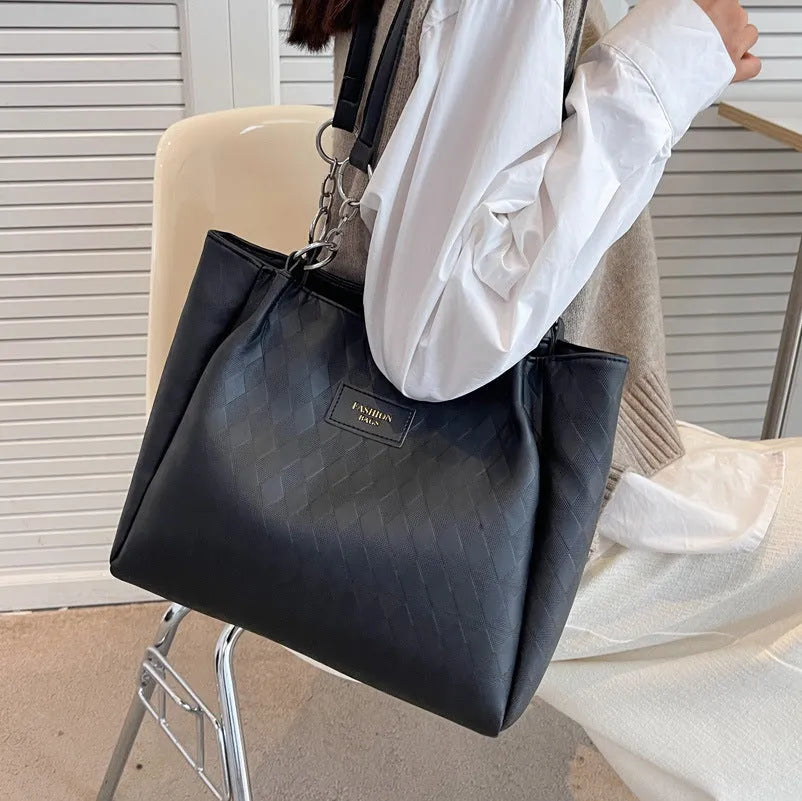 Rhombus pattern PU shoulder bag with chain strap and tote handles, 30cm width, colour contrast design, black