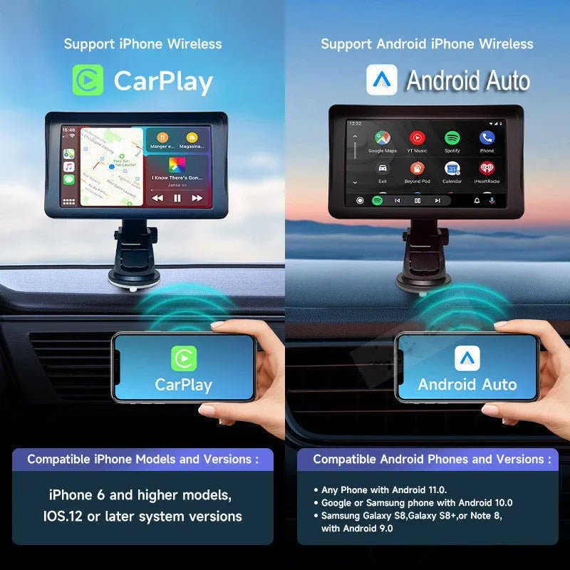 7 inch portable car smart display with retractable bracket showing wireless CarPlay interface on screen