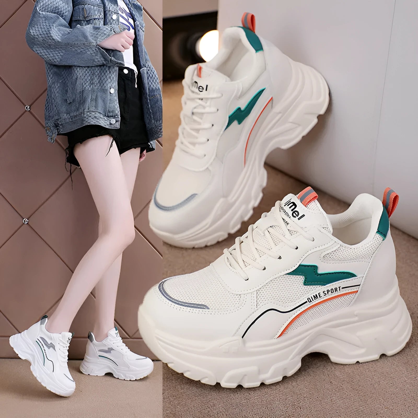 Women's white breathable dad shoes with height increasing insole and lace-up front.