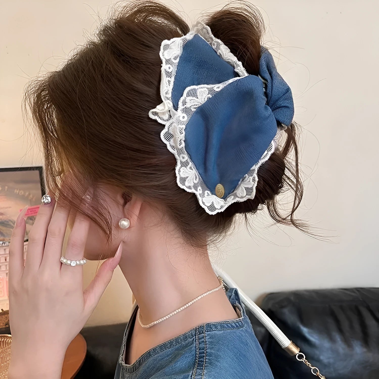 Women's denim bow triangle hair grip with fabric and acrylic details on plastic hairpin