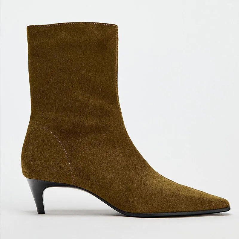 Women's brown square toe mid-calf boots with a side zipper and stiletto kitten heel on a waterproof platform sole