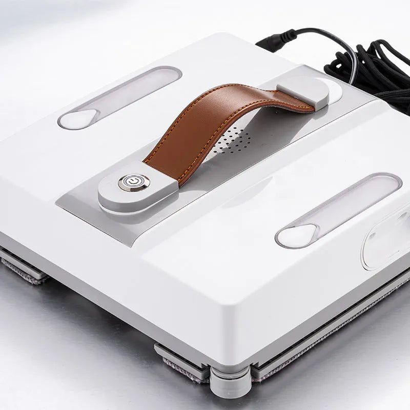 White intelligent window cleaning robot with four water spray nozzles for automated high-rise window maintenance