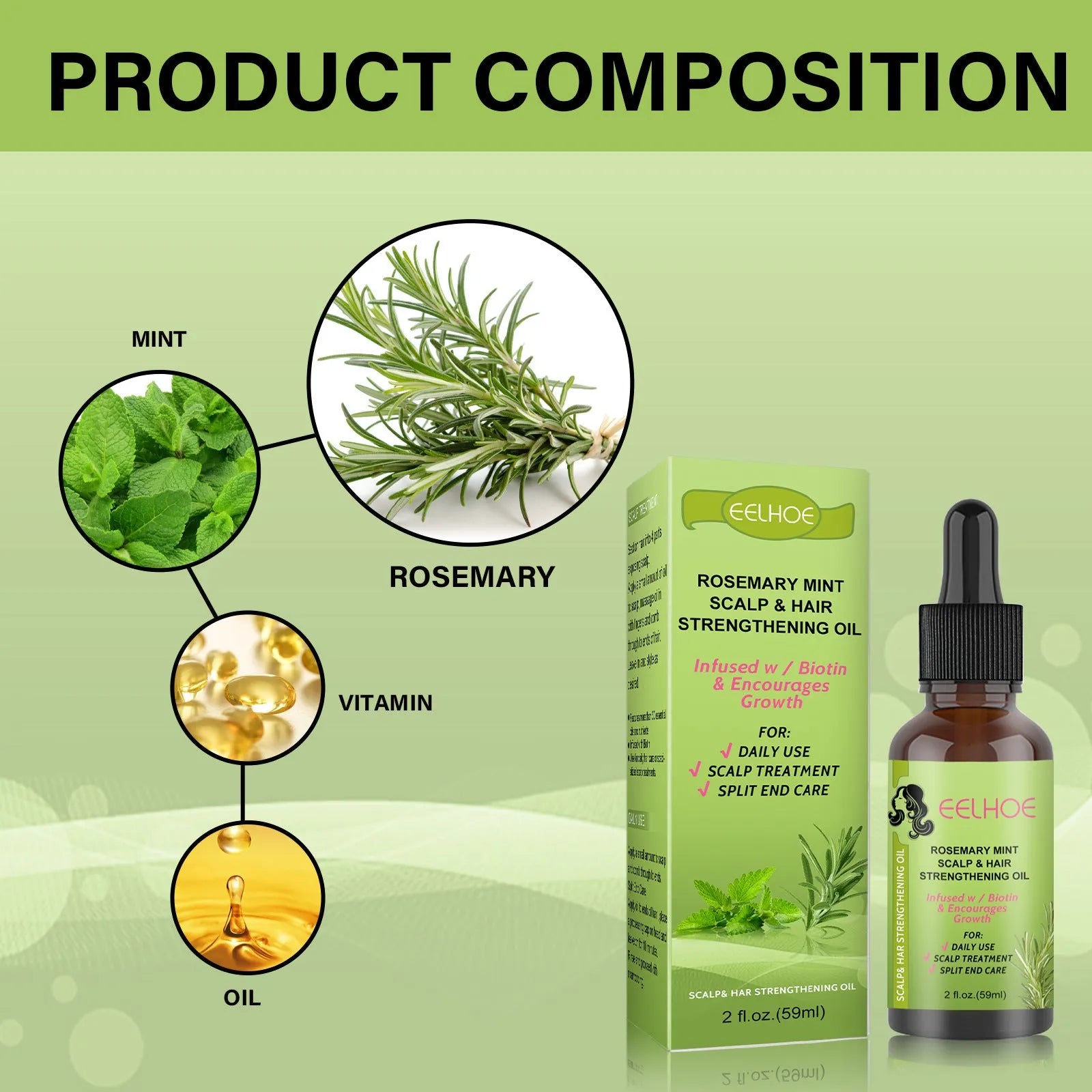 59ml bottle of rosemary mint hair growth fluid scalp massage oil with vitamin E