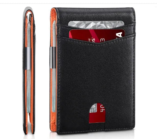 PU leather wallet card holder with multiple slots and anti-theft design in carbon fibre black colour