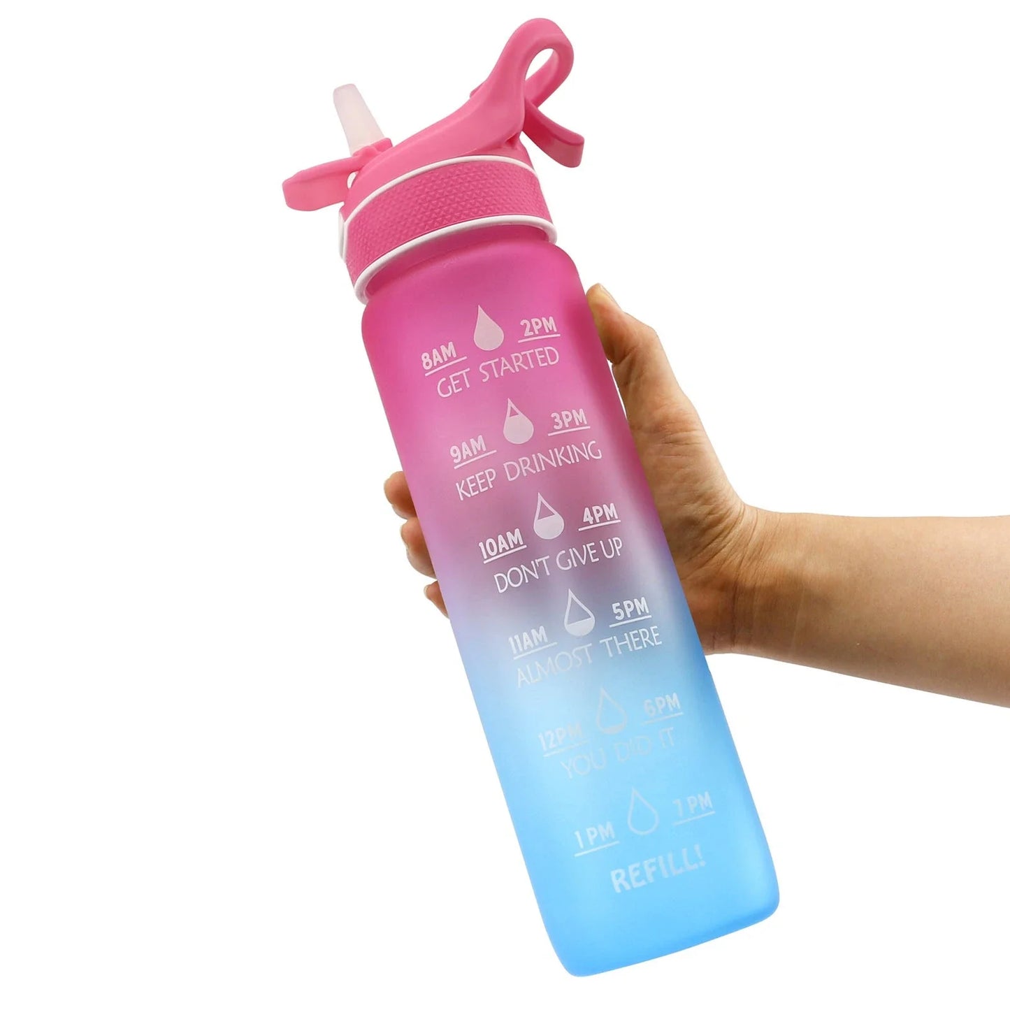 Premium reusable water bottle with one-touch open design, built-in sprayer, and personalized hydration tracking