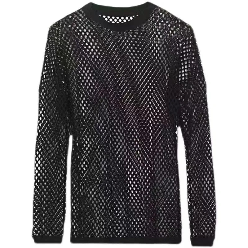 Black men's long sleeve mesh pullover shirt with drop shoulders and hollow design details