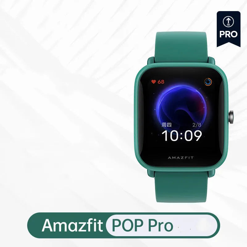 Smart watch with green silicone strap showing colour screen displaying health metrics