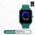 Smart watch with green silicone strap showing colour screen displaying health metrics