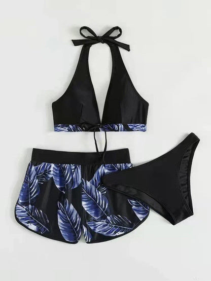 Stylish leaf print bikini with shorts in a variety of vibrant colors, perfect for summer beach or pool wear.