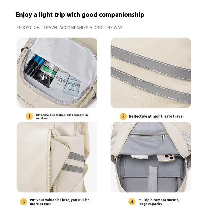 Large beige dry wet separation backpack with curved shoulder straps shown open to display compartments