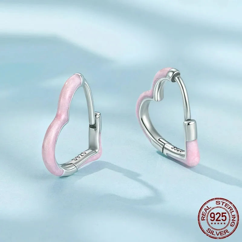 Pair of 925 silver heart stud earrings with pink or red dripping oil finish