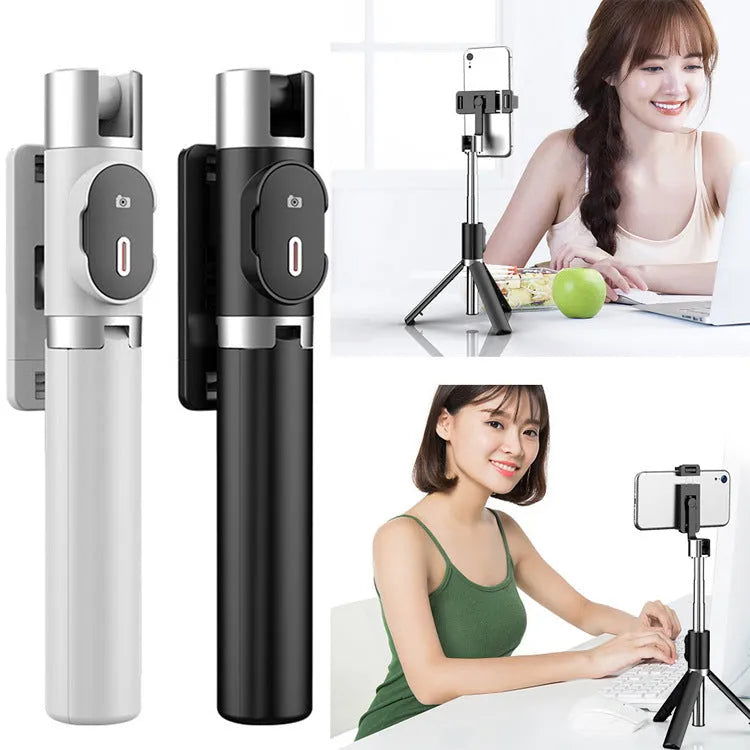 Black Bluetooth selfie stick with tripod legs extended and double fill light, compatible with iPhone
