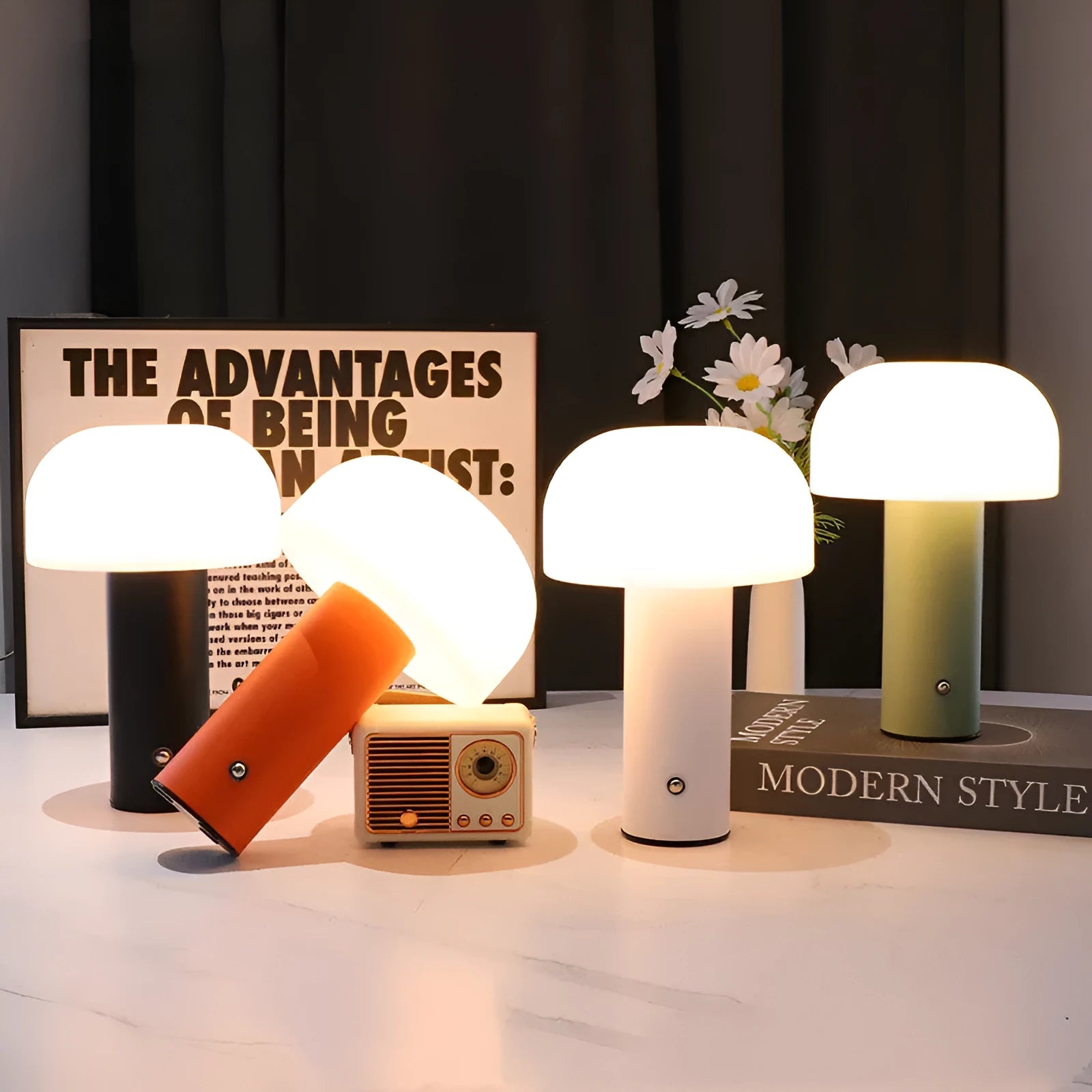 USB-powered dual-purpose table lamp in black, green, orange, or white colour.