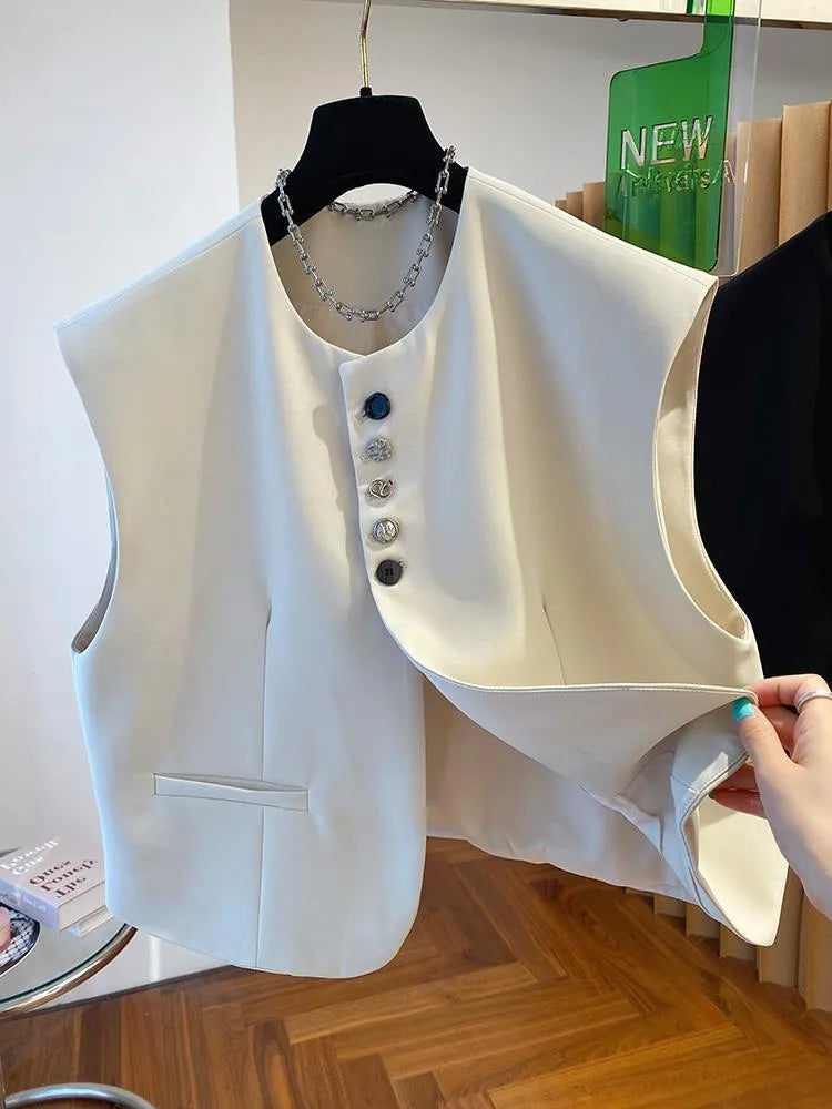 Beige loose-fitting polyester waistcoat dress with a pocket, shown on a hanger