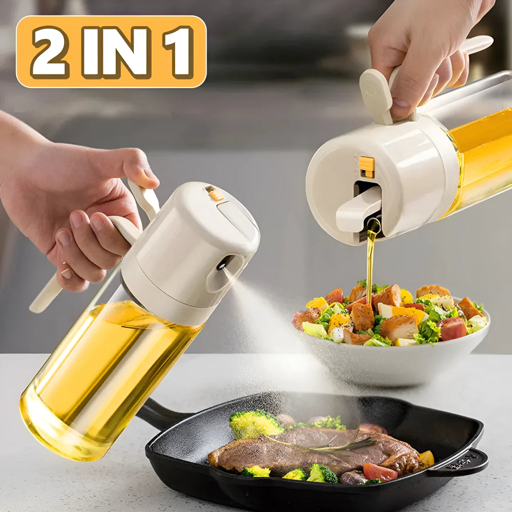 Warm grey glass oil spray bottle with a black lid and switch for selecting spray or pour mode.