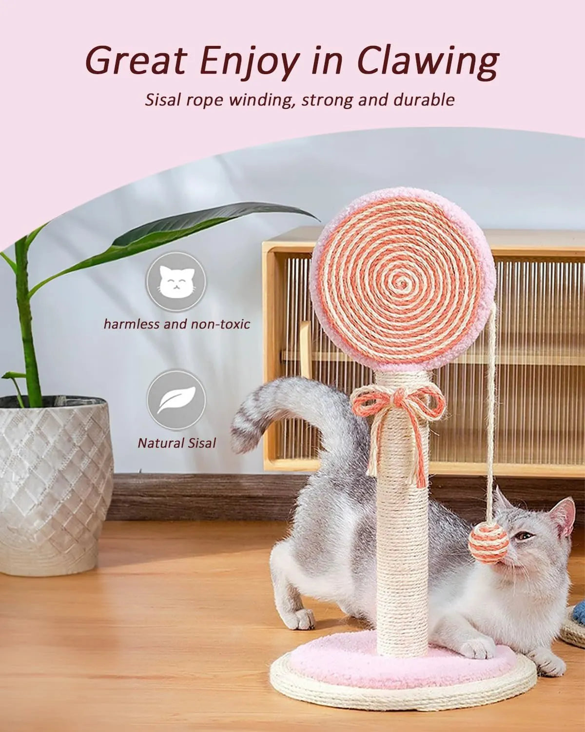 Blue cat scratching post with natural sisal rope and a hanging ball on a sturdy wooden base.