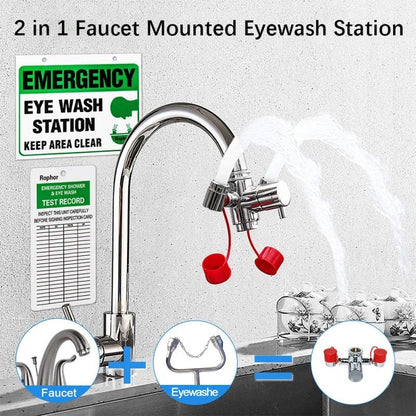 Premium wall-mounted eyewash station with dual-function faucet for hands-free emergency eye rinsing and customizable water pressure