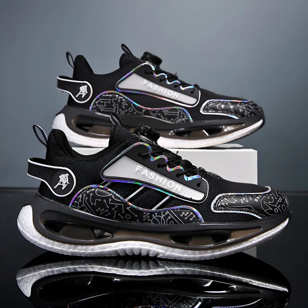 Men's low-top mesh sports shoes in black with an elastic band closure and a textured TPU sole.