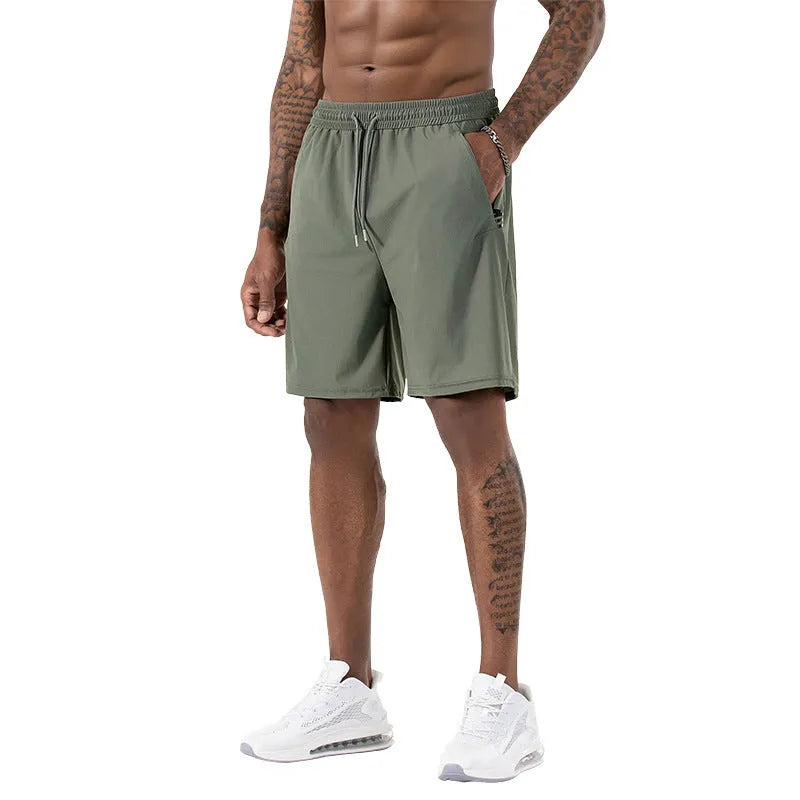 Men's black Ice Silk nylon quick-dry sports shorts with a high waist drawstring and cropped leg.