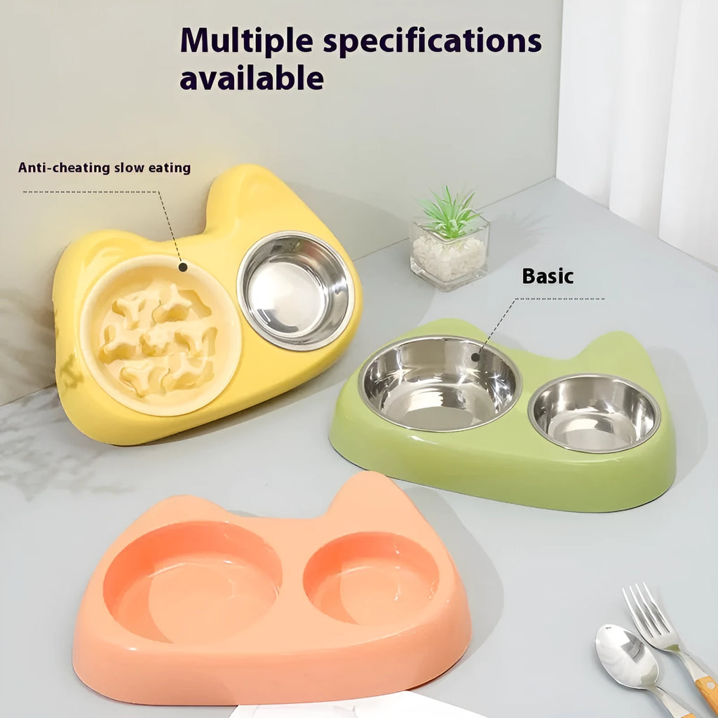 Two-in-one stainless steel slow feed cat bowl with large and small eye compartments, anti-choking design, in blush pink