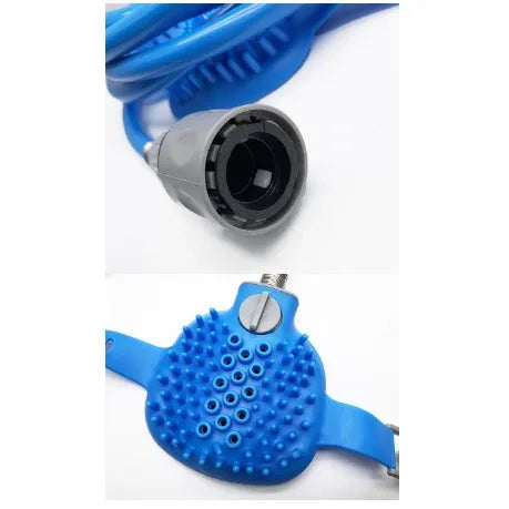 Hand-held silicone dog bath brush with built-in nozzle for outdoor pet shower