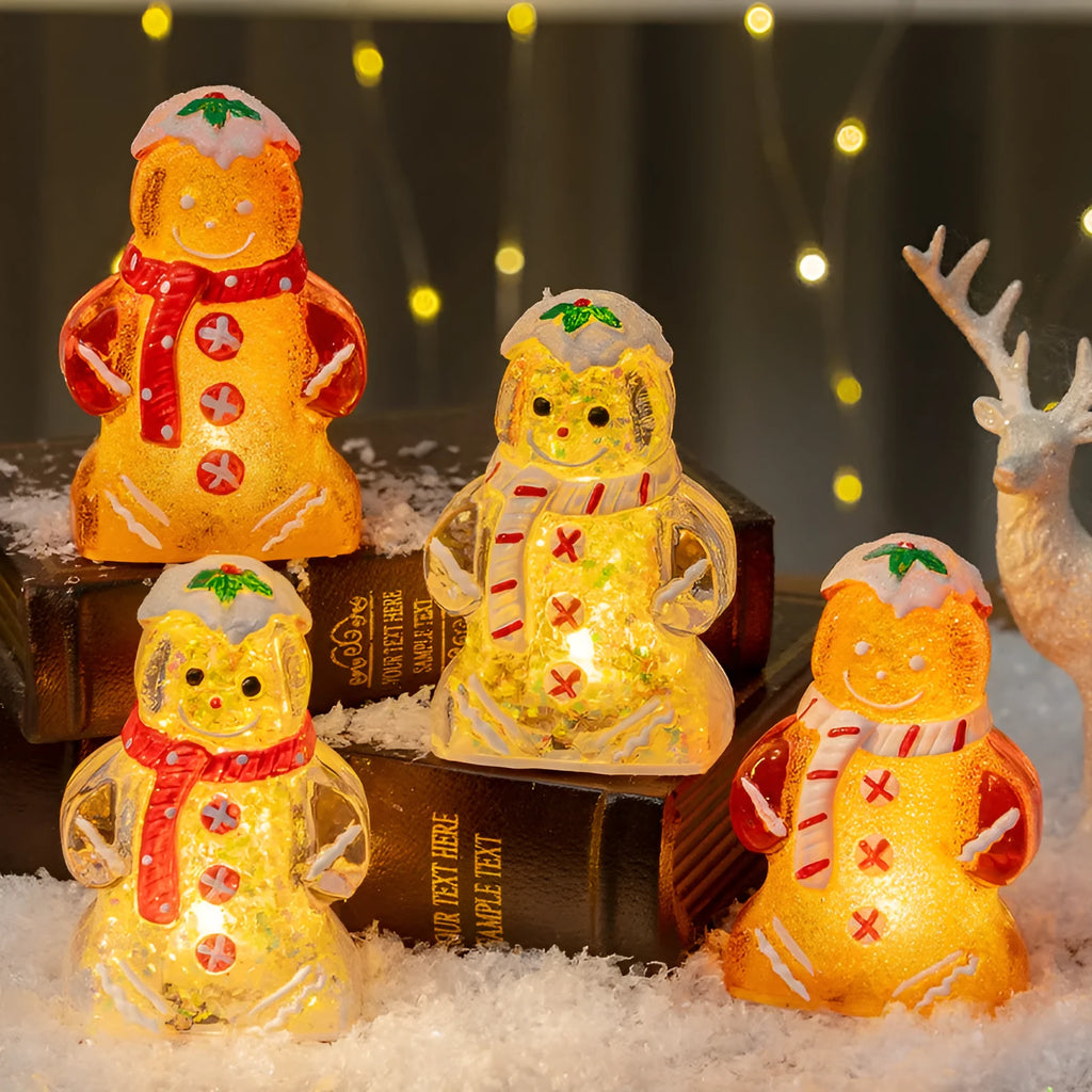 Glowing Christmas gingerbread man snowman ornament with scarf in plastic, 10.5cm tall