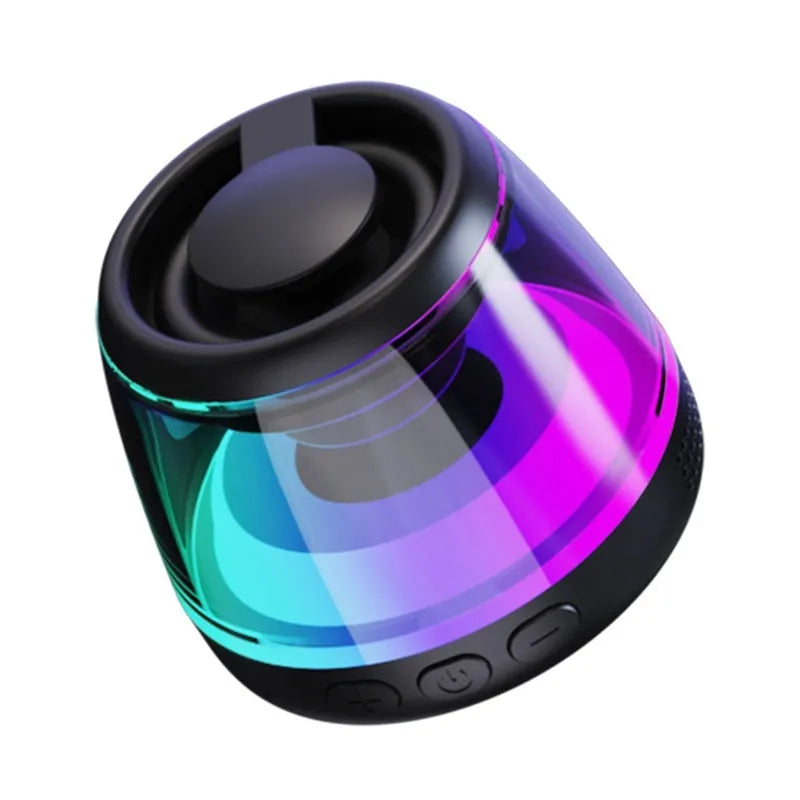 Portable white or black Bluetooth speaker with ambient lighting effects and magnetic mounting