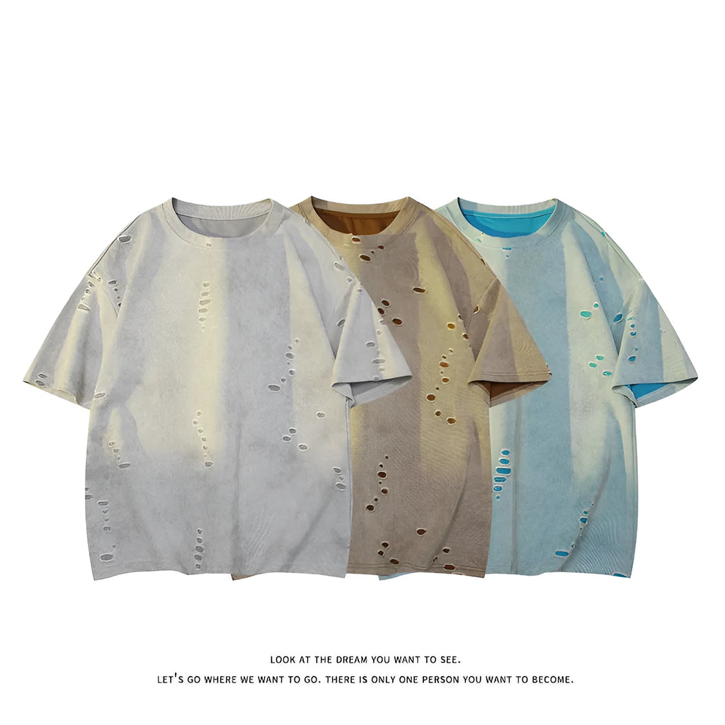 Men's loose fit ripped short sleeve cotton blend T-shirt in blue grey khaki colours