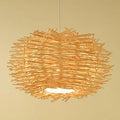 Bamboo woven bird cage chandelier, 30cm diameter, coffee colour, hanging from ceiling in a pastoral room