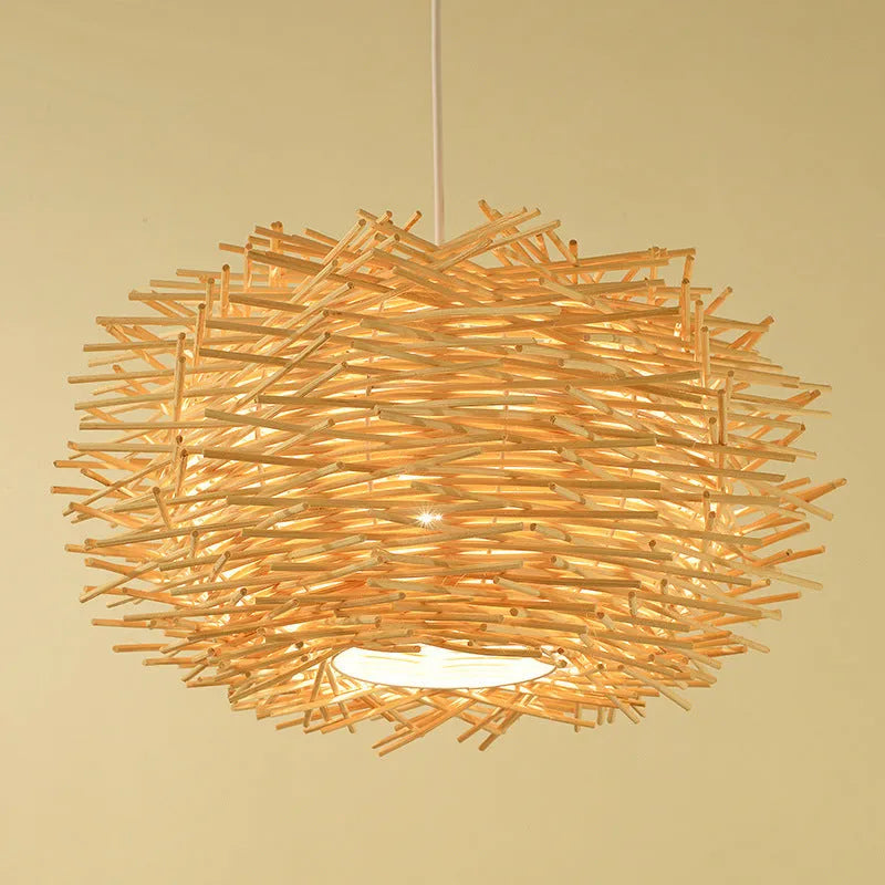 Bamboo woven bird cage chandelier, 30cm diameter, coffee colour, hanging from ceiling in a pastoral room