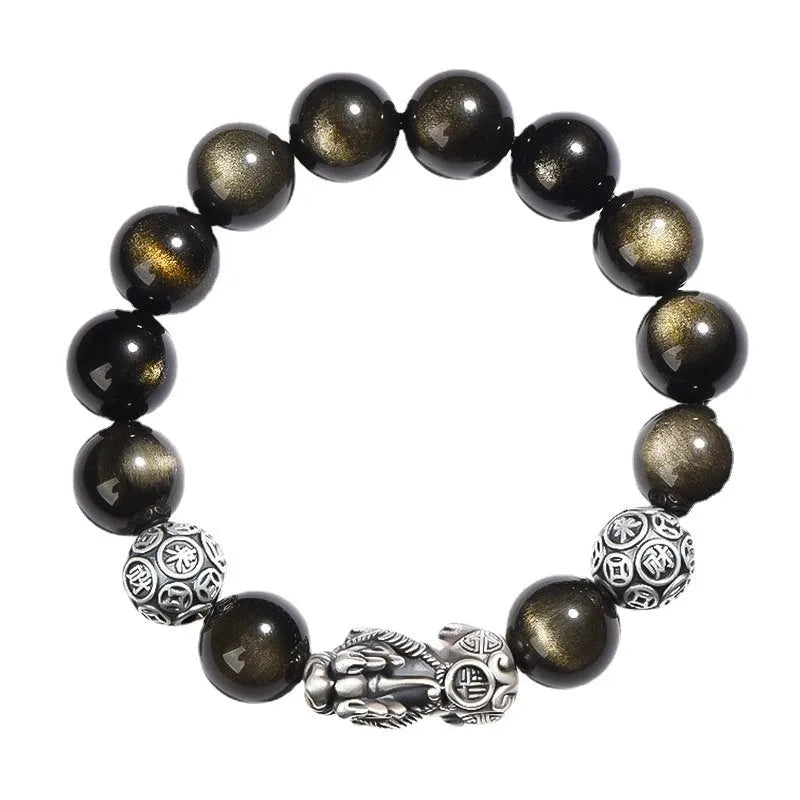 Men's geometric obsidian bracelet with sterling silver framework and leather detailing in three width sizes