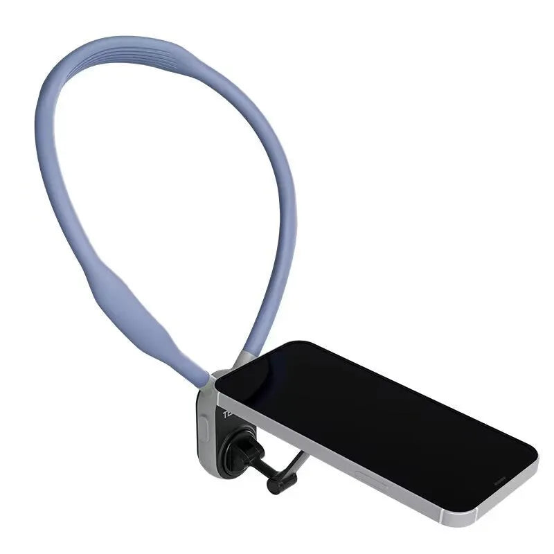 Grey silicone magnetic phone neck mount showing phone attached vertically with anti-release safety rope