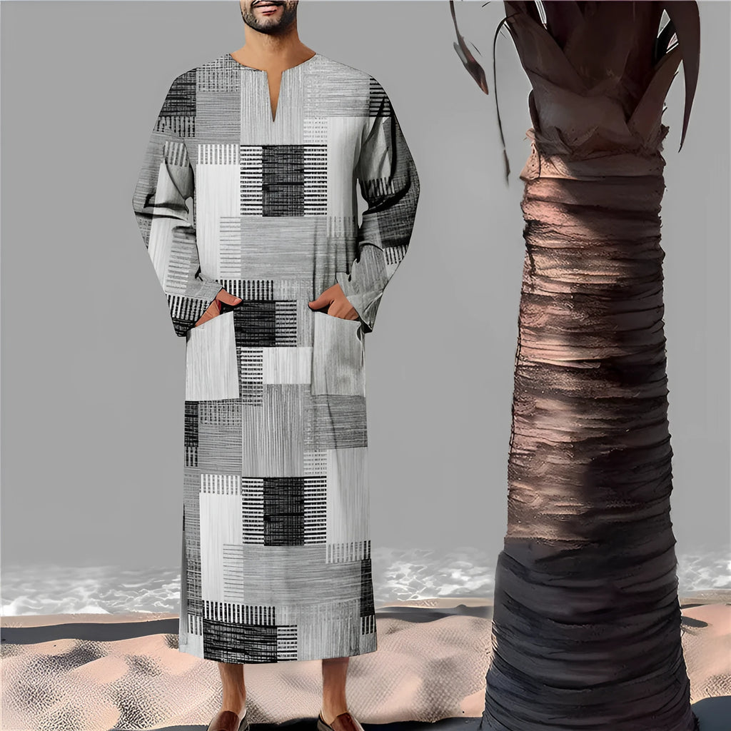 Men's classic Arabic long robe in bamboo linen with colour matching pattern, loose fit, front view