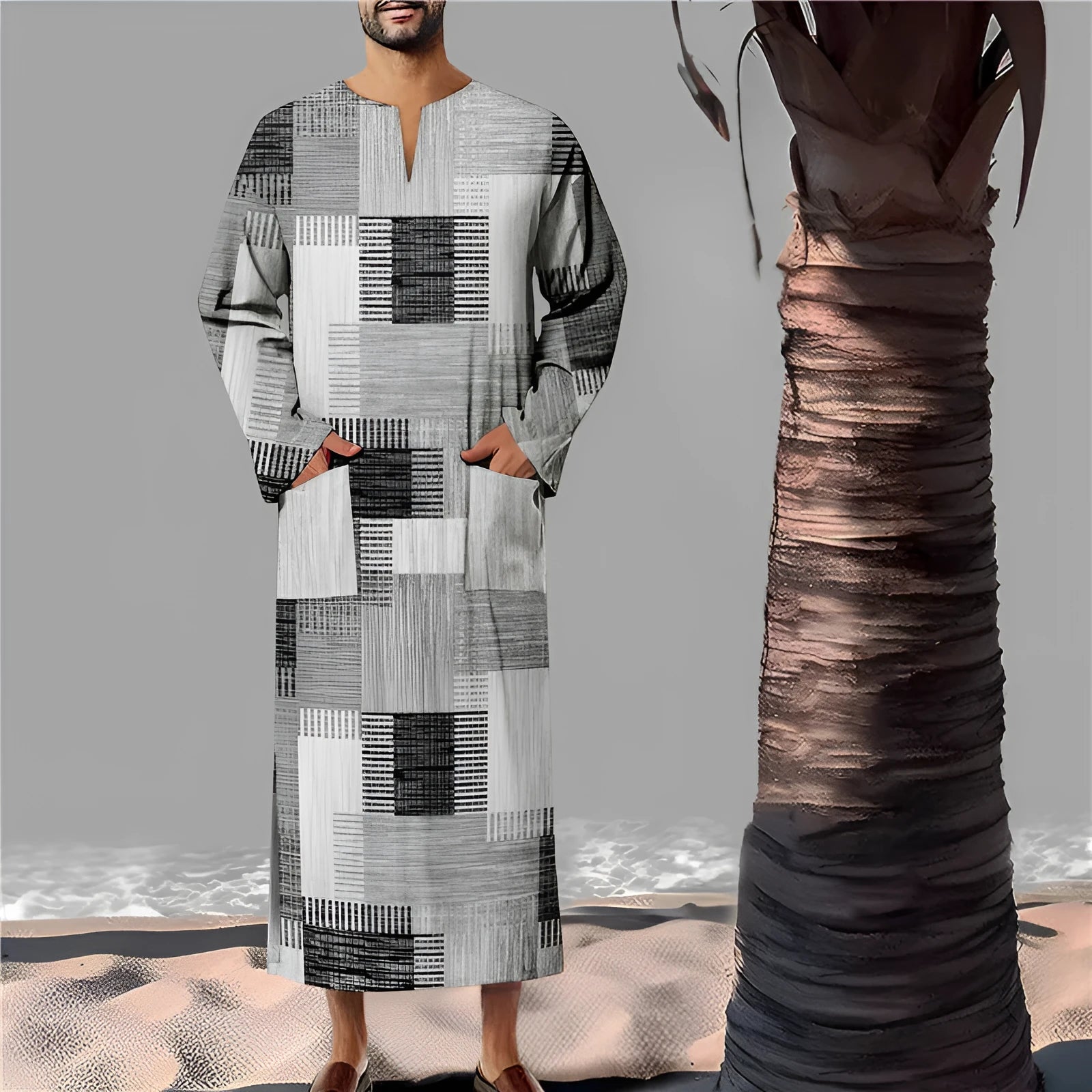 Men's classic Arabic long robe in bamboo linen with colour matching pattern, loose fit, front view