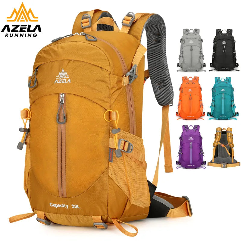 AZELA 30L outdoor hiking backpack in blue, with adjustable straps, front view