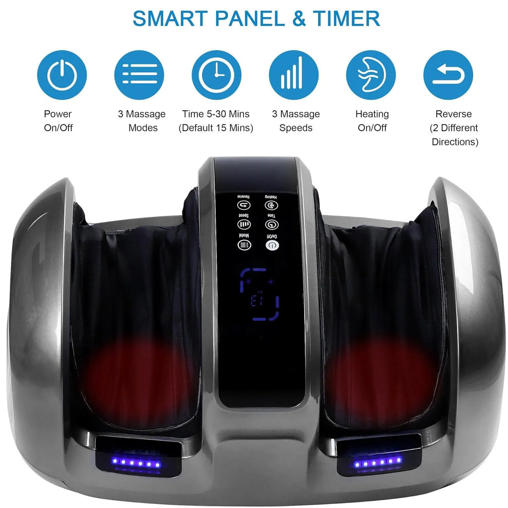 Black 3D foot and calf massager with heat, remote control, and removable washable cloth cover