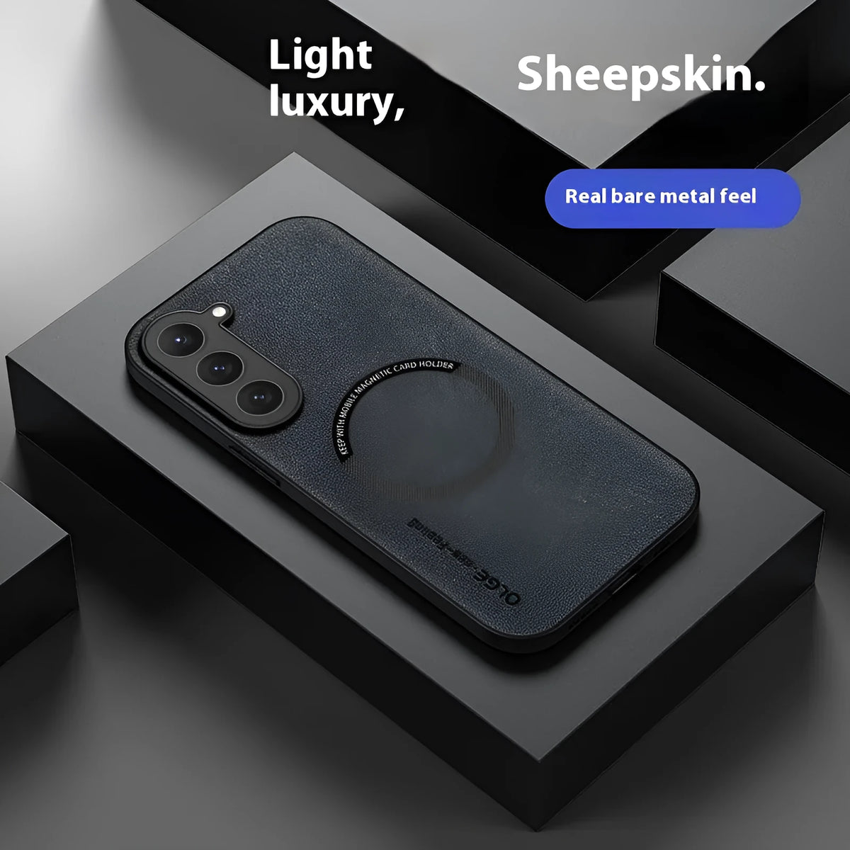 Samsung magnetic wireless charging phone case in graphite black imitation leather, back cover design