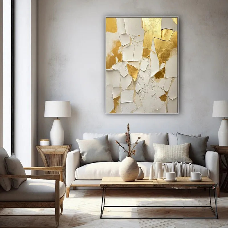 Golden and white textured handmade abstract oil painting on canvas, unframed, vertical orientation