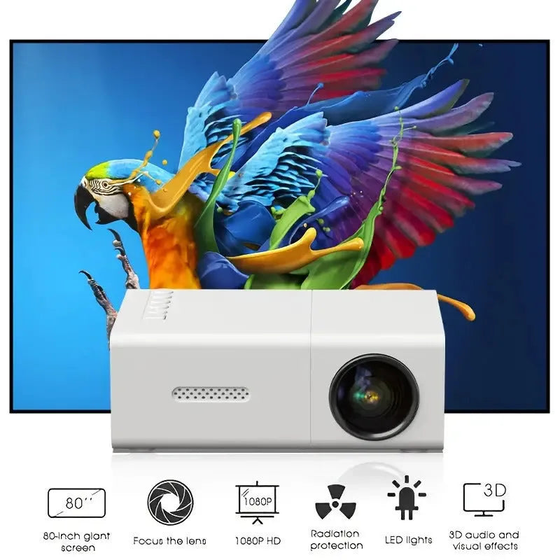M100 portable mini projector in black or white colour showing remote control and cables