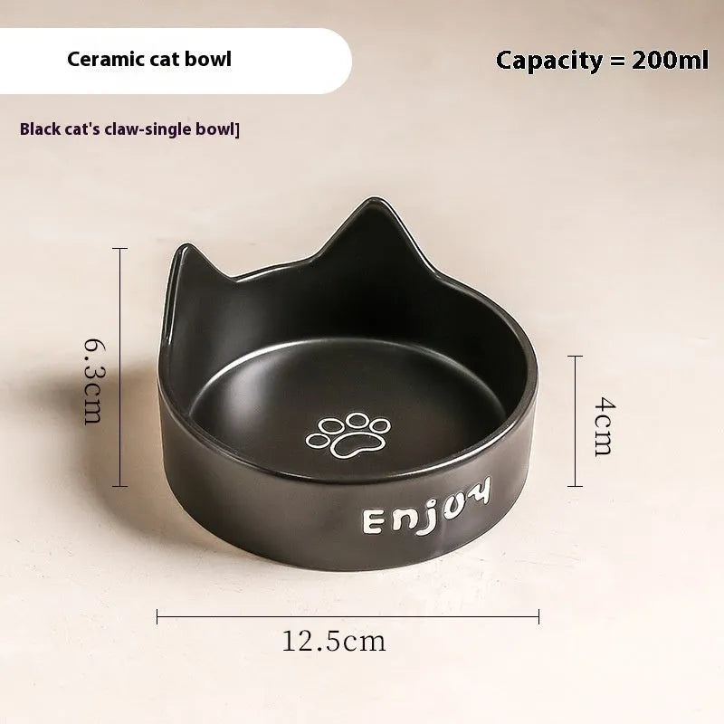 Porcelain cat bowl with cat ears rim and wooden anti-tumble frame in selected colour