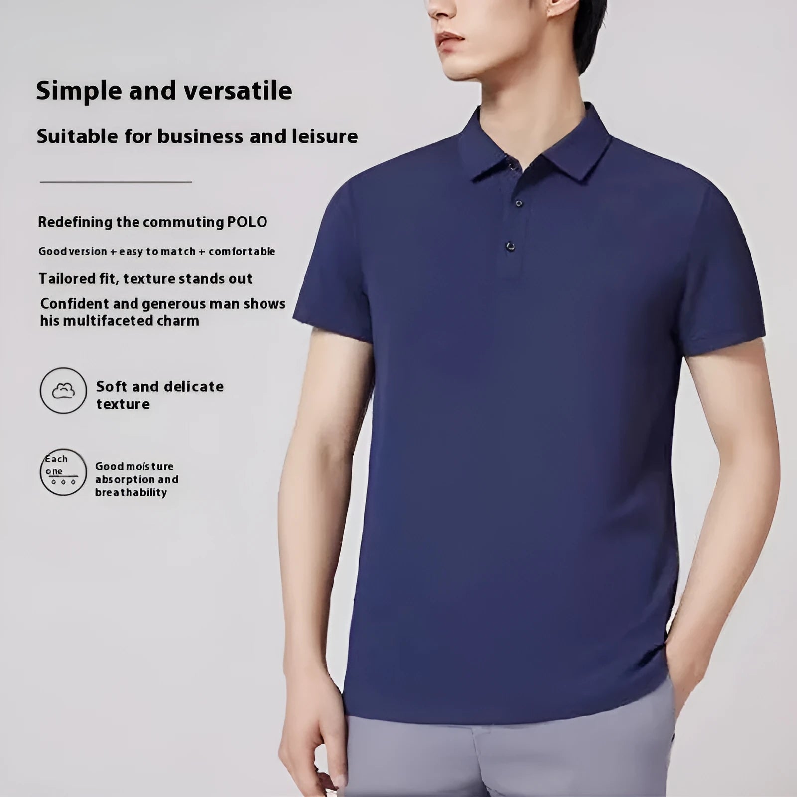 A sky blue short sleeve casual work shirt made from cool silk cotton and elastic fibre blend on a hanger.
