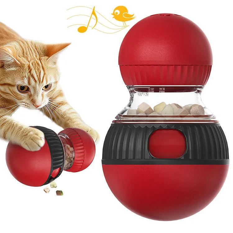 Plastic rotating cat toy with sound and food dropping ball measuring 155mm