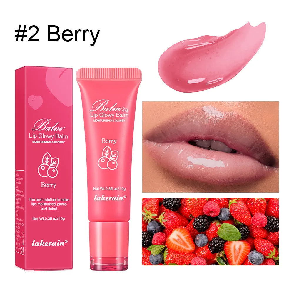 Women's flavoured lip gloss in berry, grape, grapefruit, and yellow peach variants.