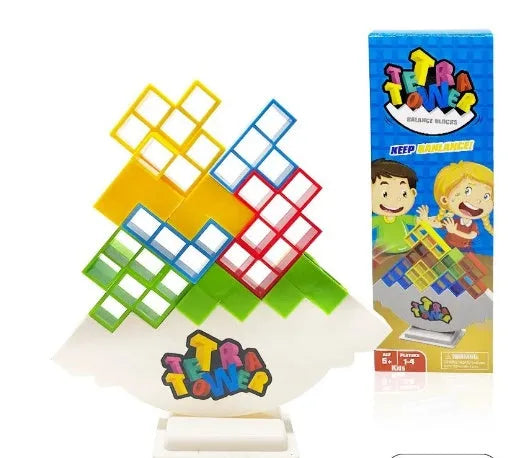 Plastic balance stacking game with coloured building blocks, chassis, and base on a table