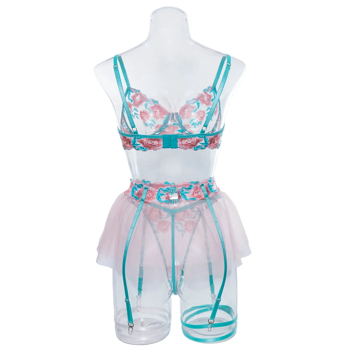Pink women's embroidered mesh pettiskirt lingerie suit with matching bikini.
