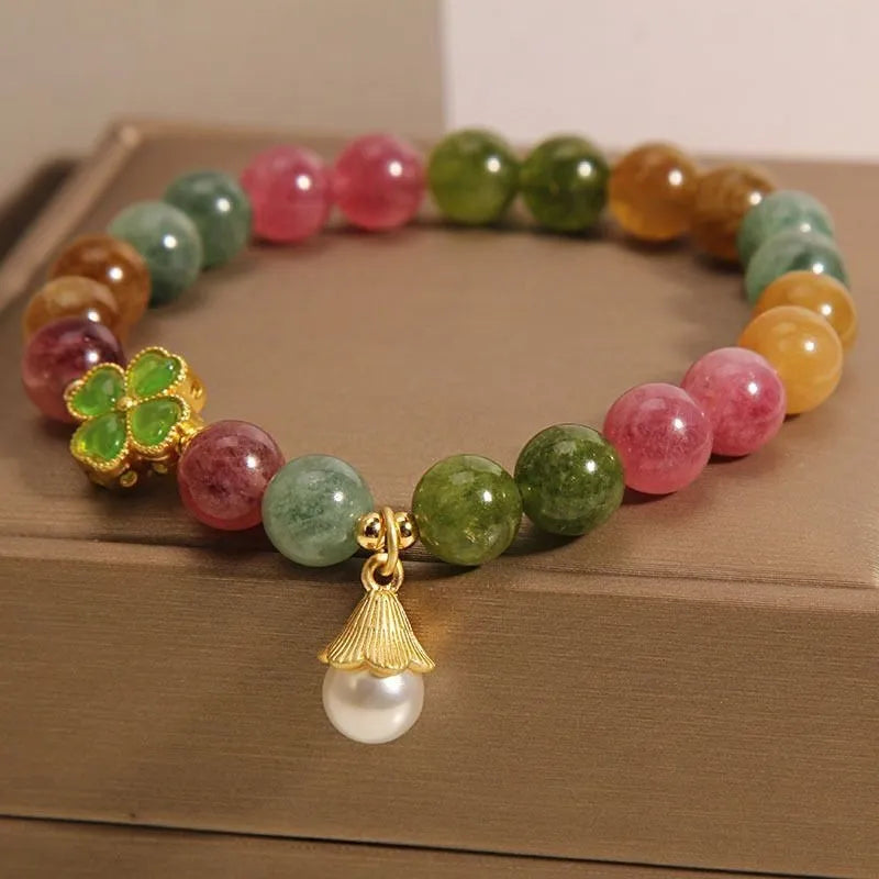 Women's colourful tourmaline bracelet with four-leaf clover charm and pearl pendant geometric design