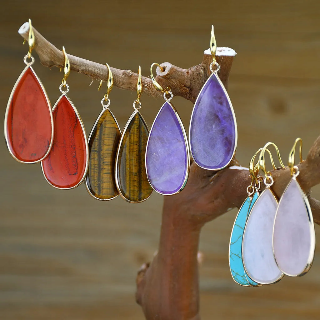 Vintage tigereye long water drop earrings with stone materials and manual processing