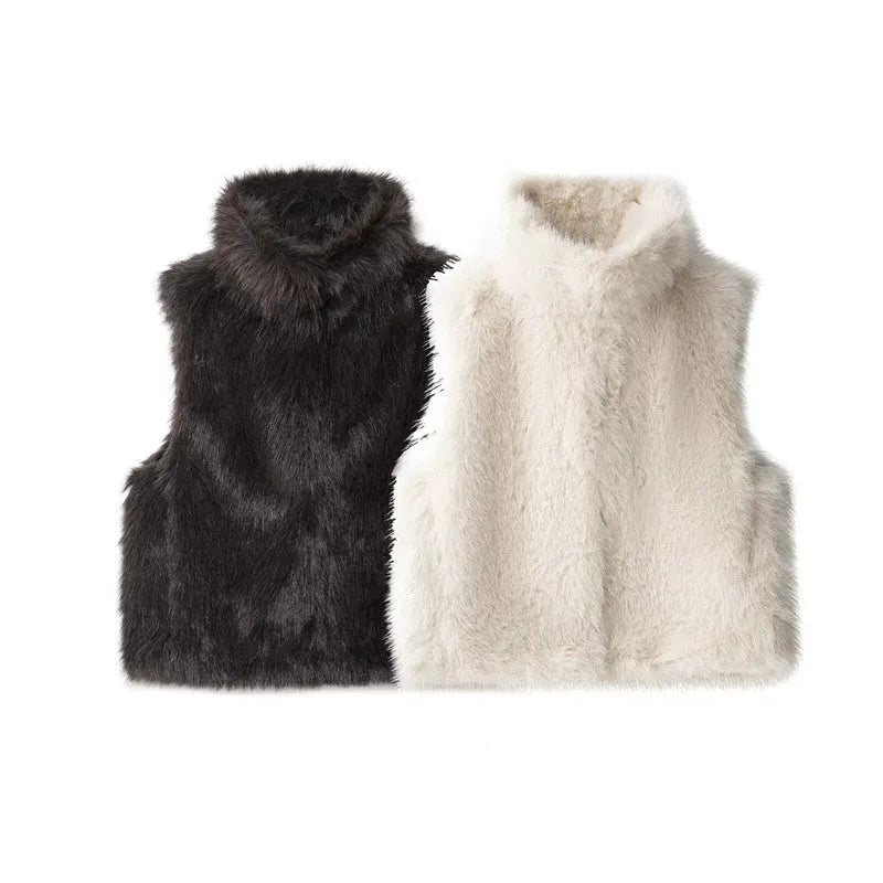 Women's loose casual faux fur vest in A-line style, available in black, brown, white, with animal and grid patterns, polyester fill.